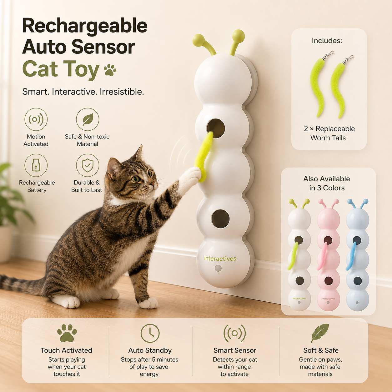 Auto sensor caterpillar cat toy — wall-mounted wand toy NZ