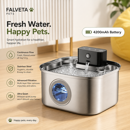 Wireless stainless steel pet water fountain — whisper-quiet pump NZ